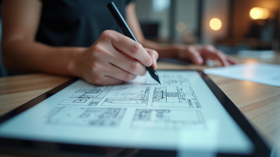 Eye-level view of a designer sketching wireframes on a digital tablet