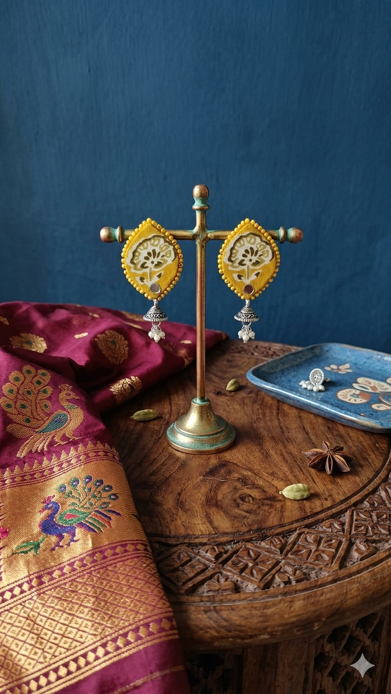 The Mauve Motif Jhumki earrings on a brass display stand