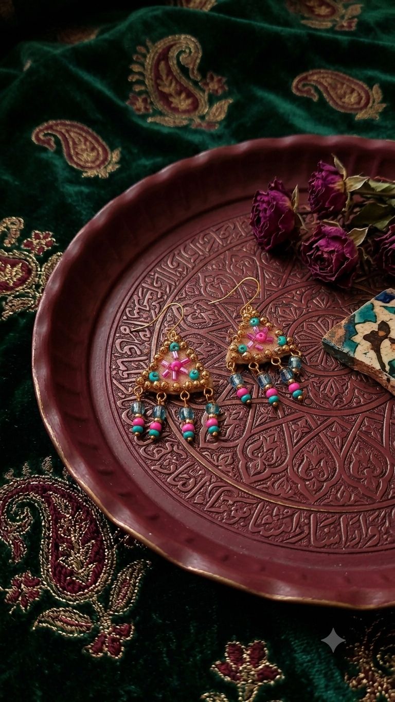 Tribal Beige Turquoise beaded Triangle Dangles