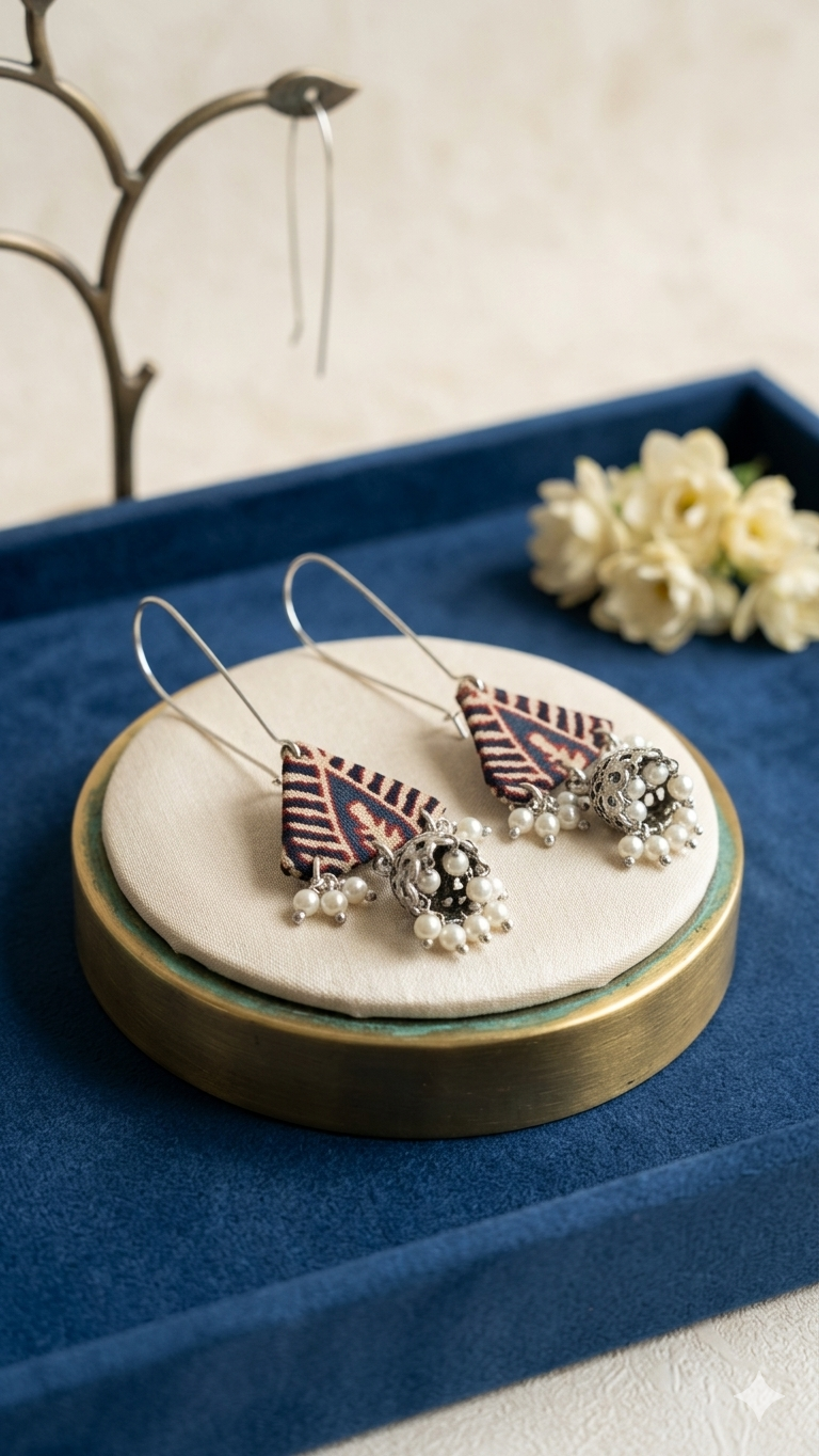 Indigo Jhumki Triangle earrings with pearl droplets