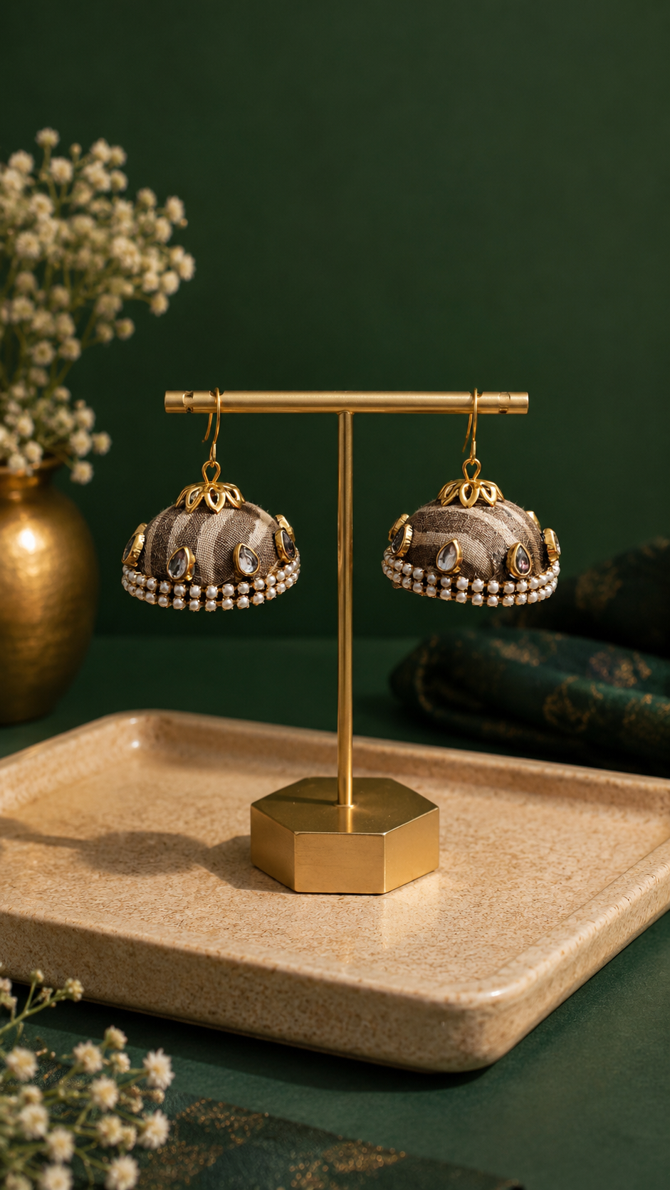 Mayur Emerald & Ruby Dome Jhumkas on a gold display stand