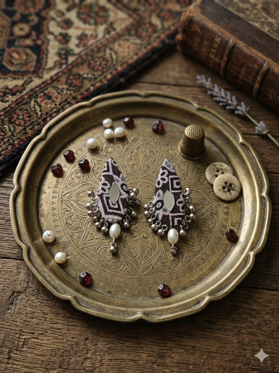 The Monochrome Abstract Drop earrings on a brass tray