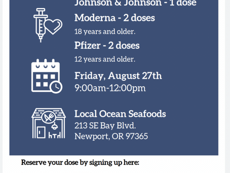 Covid-19 Vaccines Offered Friday, August 27th at Local Ocean Seafoods in Newport