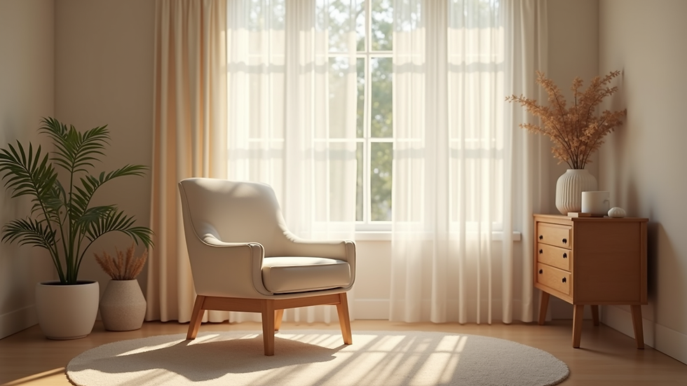 Eye-level view of a calm therapy room with a comfortable chair and soft lighting