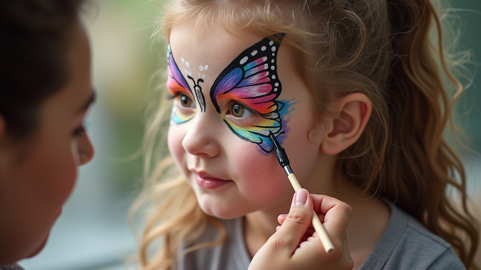 Close-up view of a face painter creating a colorful butterfly design on a child’s cheek