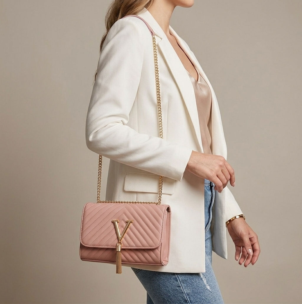 The Ivy Quilted Shoulder Bag – Chain Strap Crossbody with Gold-Tone Emblem