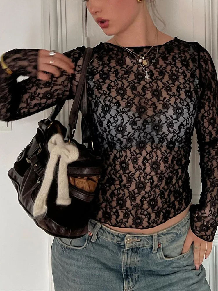The PureLace Top – Long Sleeve Floral Sheer Lace Top