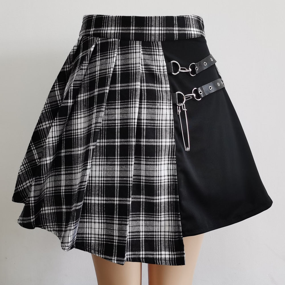 The BuckledPlaid Skirt – Asymmetric Buckle Strap Pleated Mini Skirt