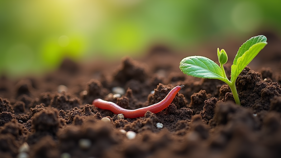 Close-up view of healthy soil with visible earthworms and organic matter