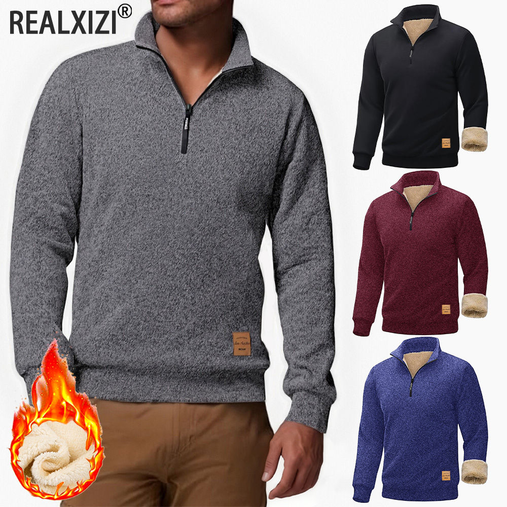 Men's Quarter Zip Up Sweaters Autumn Winter Solid Color Warm Pullover Tops Slim 