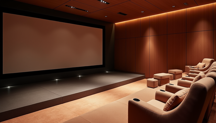 High angle view of a luxury home theater with acoustic treatments and plush seating