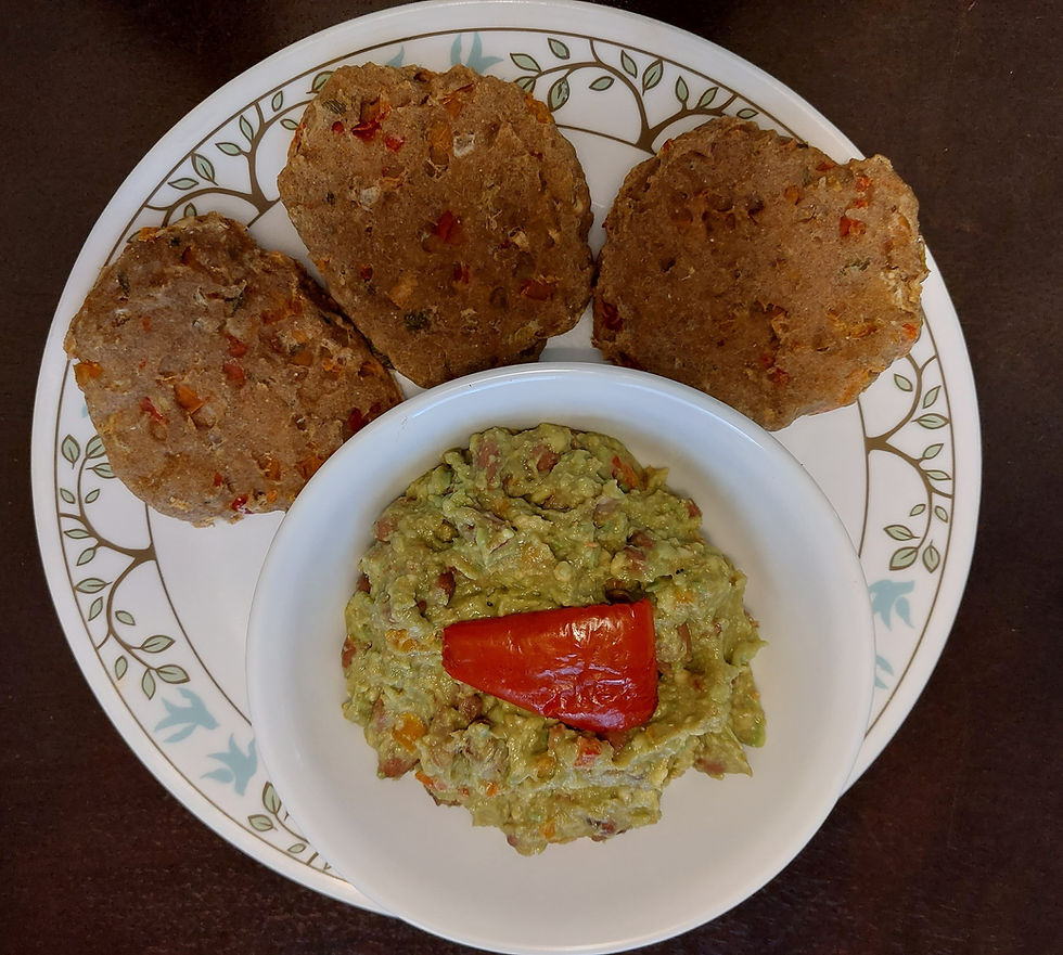 Kelpy Oat Fritters served with guacamole and roasted red sweet peppers