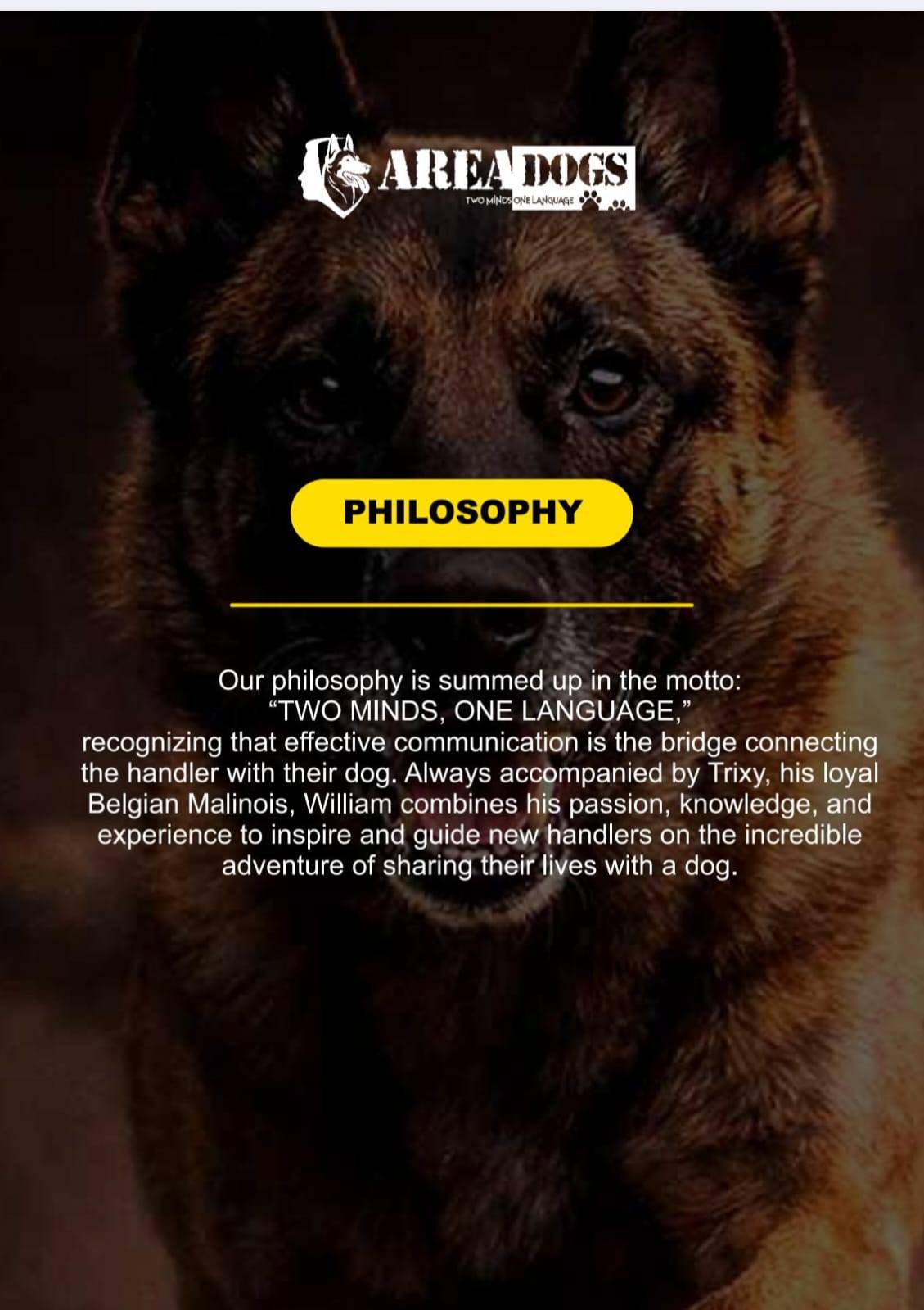 AREA DOGS philosophy — Belgian Malinois with brand logo