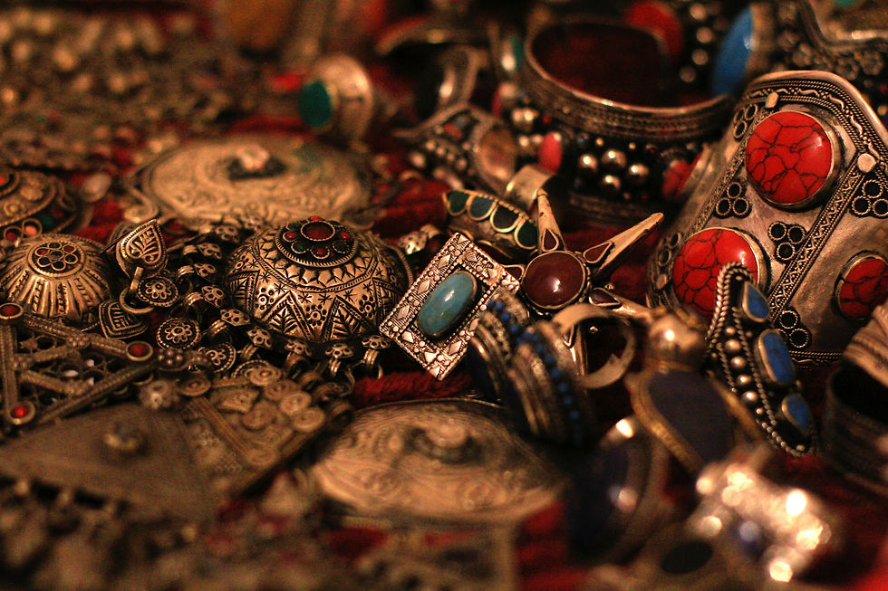 Ethnic jewelry collection from Afghanistan showcasing bold, ornate craftsmanship.
