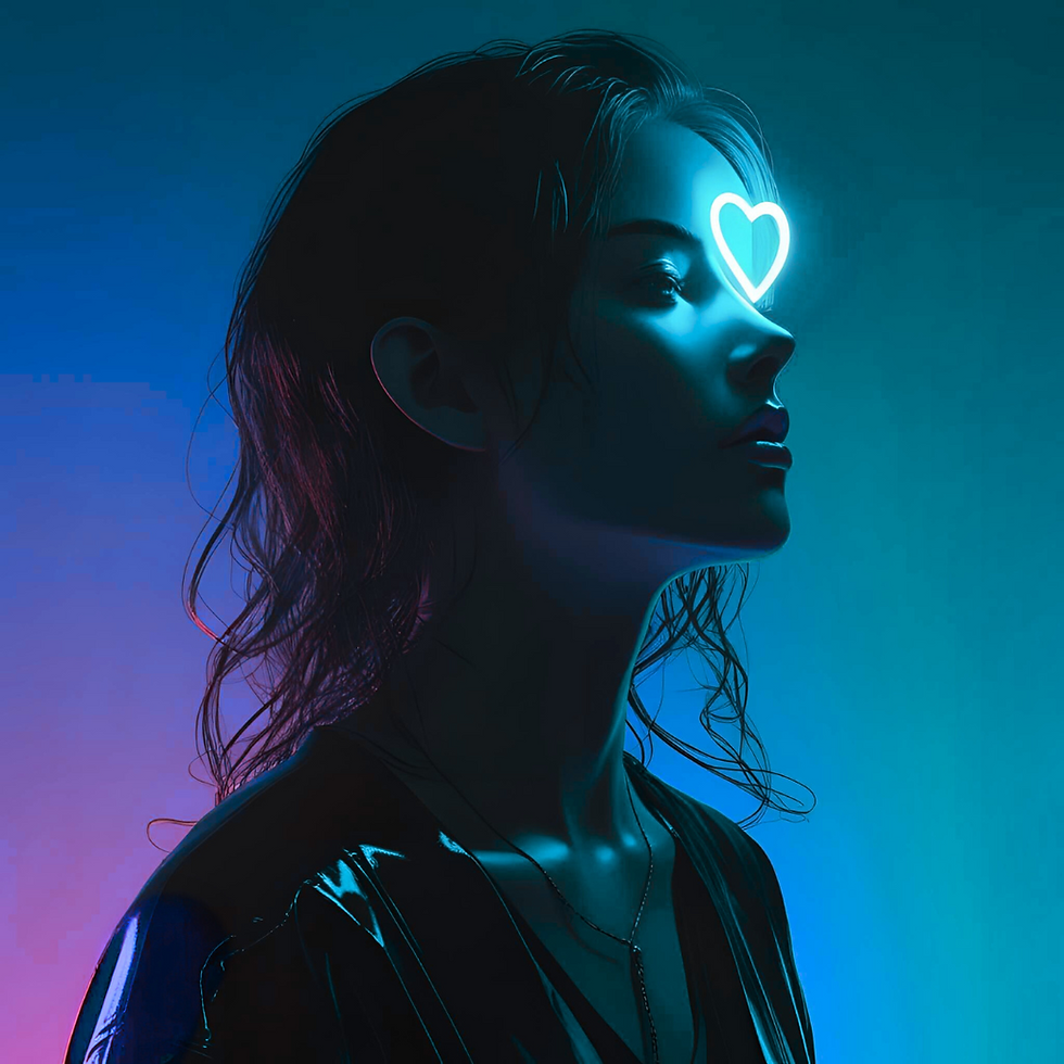 A blue neon heart glowing just above the third eye of a softly lit silhouette of a woman facing right.