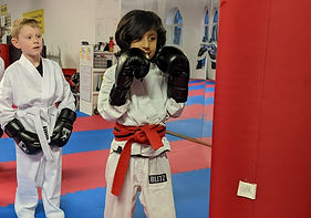 Children focused in martial arts class wearing boxing gloves