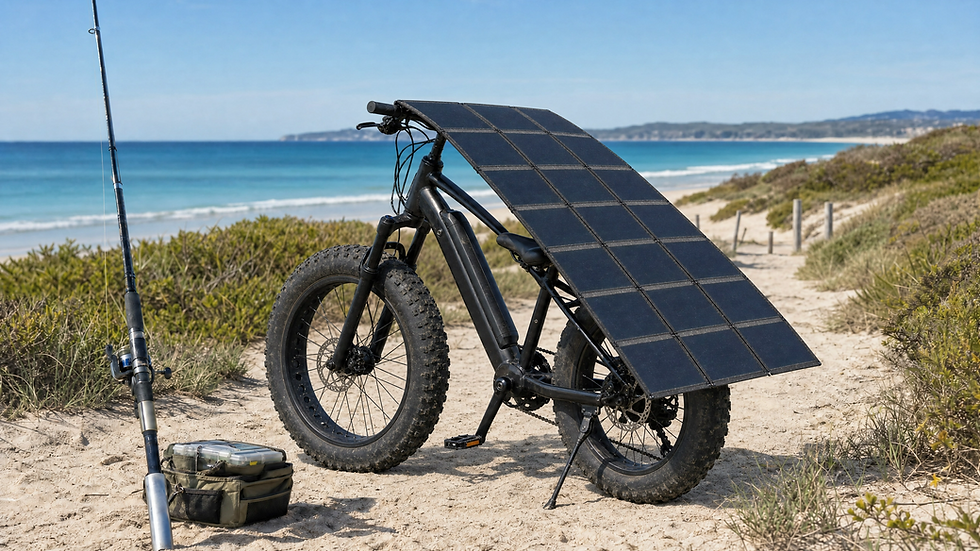 Fat tyre eBike with Solar eBike Cover deployed on a remote Australian beach, fishing rod set up in the foreground and clear coastal water behind