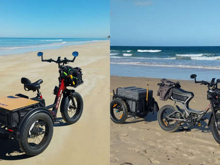 Ken Lew's Vamos e-trike and eBike with trailer in Seaford SA — the electric bikes he charges with the Solar eBike Cover