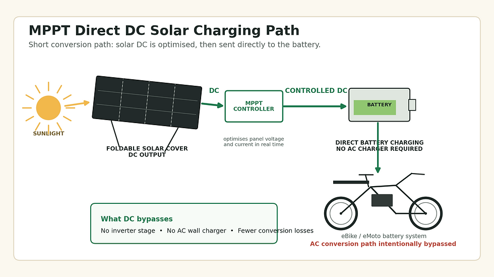MPPT controller optimising solar panel DC output for direct eBike battery charging, bypassing the AC charger entirely