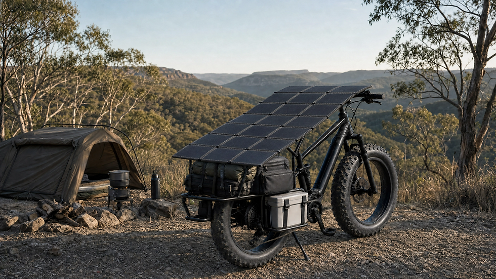 Loaded eBike with Solar eBike Cover deployed at a remote Australian bush campsite, camping gear visible on rear rack, afternoon sun charging the panels