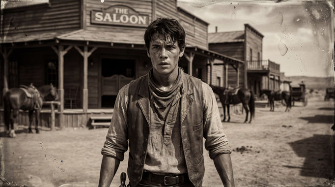 vintage look eines Fotos von einem Cowboy im Duell in einer Westernstadt