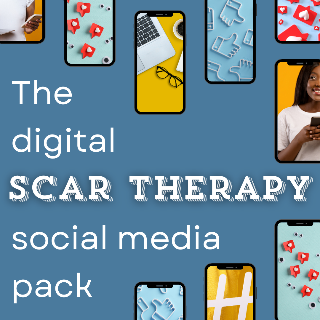 Denim blue graphic with lots of colourful phone screen images. The graphic reads 'The Digital Scar Therapy Social Media Pack'