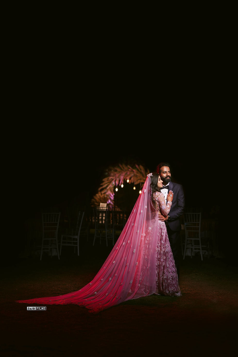Wide angle view of a beautifully decorated wedding venue
