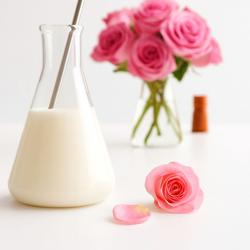 organic rosa damascena moisturiser in a glass beaker with rose in a vase behind it