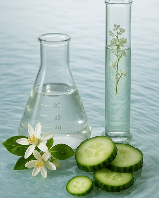 A minimalist arrangement of glass flasks with botanical water and delicate white flowers, symbolising HydraCalm™ Complex — soothing, hydrating, and balanced.