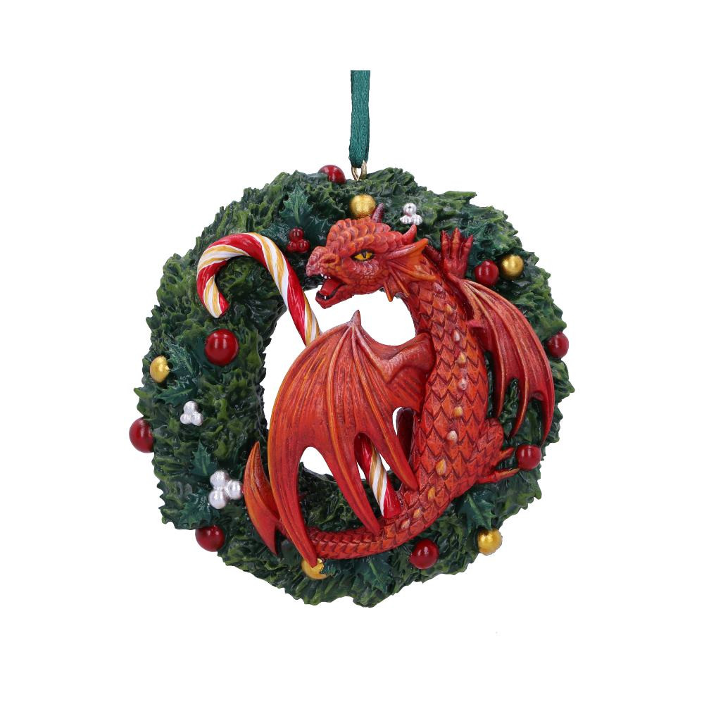 From world-renowned gothic and fantasy artist Anne Stokes, comes this Sweet Tooth Hanging Ornament. This red dragon sure does love candy canes, they sit perched on the Christmas Wreath, making sure no one takes it. Cast in the finest resin before being expertly hand-painted, this hanging ornament will sure be a festive favourite.