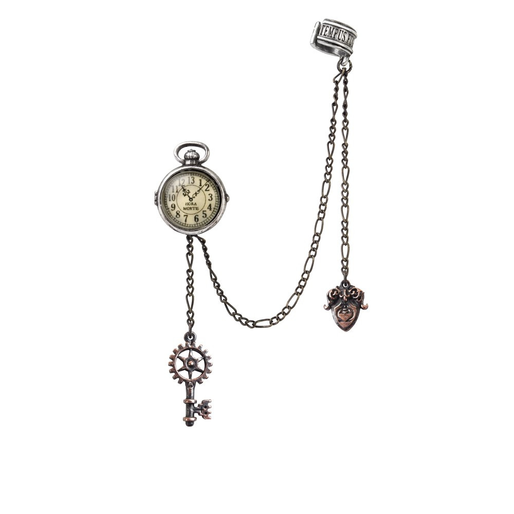 The perfect miniature, 13-hour Lunar time fob watch and its accoutrements from the Victorian era, ingeniously cuffed and pinned around the fortunate dandy's ear.