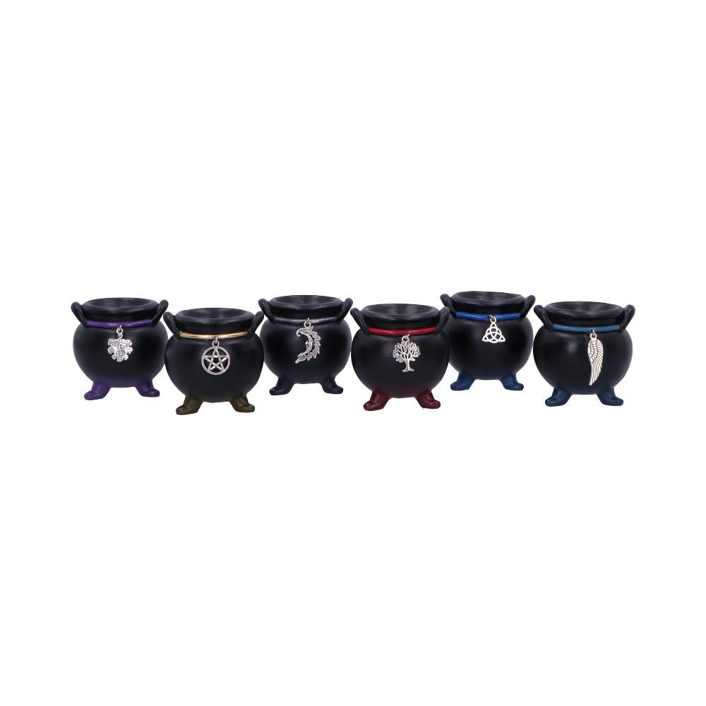 The Positive Energy Caudrons (Set of 6) from Nemesis Now are a collection of small black cauldrons accented with elegant silver details, designed to bring a touch of magic and positivity to any space. Crafted from durable resin, each cauldron features unique symbols that inspire good energy. Each cauldron comes with an endearing tag to represent its meaning; they’re perfect for gifting or adding to your personal space. Ideal for spiritual practitioners, witchcraft enthusiasts, and anyone seeking meaningful decor, these cauldrons invite positivity and charm into your home.
