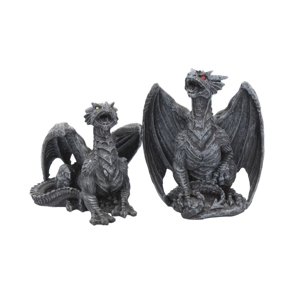 From Gothic masters Nemesis Now, this set is ideal for any Dragon lover. One lies on the ground, mouth open in a display of anger with its yellow eyes, piercingly staring upwards. The other sits on its hindquarters, wings spread wide, red eyes staring upward. Cast in high-quality resin, before being expertly hand-painted, this set will make a fantastic gift for any lover of mythical beasts.