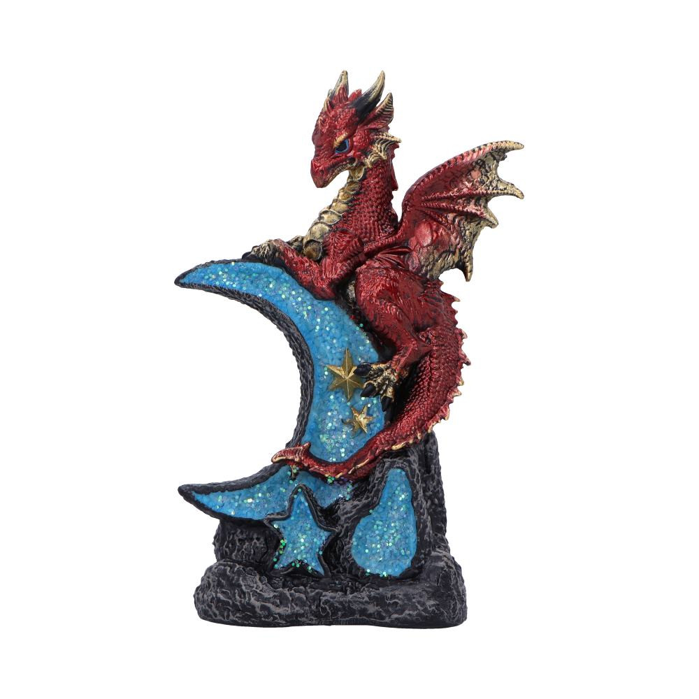 Lunar Perch is an enchanting dragon figurine featuring a regal red and gold dragon atop a shimmering crescent moon. Accented with golden stars and deep blue celestial textures, this high-quality resin piece is a must-have for fantasy lovers, gothic décor fans, and celestial-themed collections.