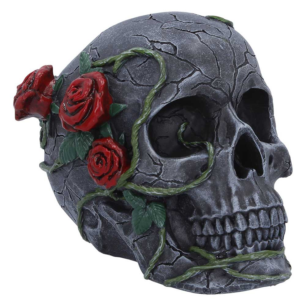 The Twilight Bloom Skull Figurine from Nemesis Now is a striking Gothic decor piece featuring a black skull adorned with vibrant red roses and intricate vine-like details. Cast in resin and hand-painted with meticulous care, this figurine combines dark elegance with floral beauty. It arrives securely packaged in a branded box, making it perfect for gifting or display. Ideal for gothic art lovers and collectors seeking unique statement pieces, this figurine adds a touch of haunting charm to any space.