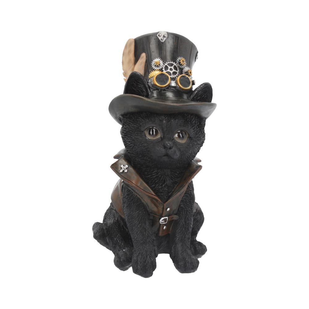 From Fantasy brand Nemesis Now's giftware collection, this adorable Cogsmith's Cat is the perfect companion to any inventor. Sitting up on its haunches, this black cat wears a Leather top hat covered in cogs, clock workings and feathers on their head with space to stick their ears through the brim. A brown leather waistcoat is worn around its torso, with a stiff collar around its neck. The cat looks up at you with preternatural intelligence. Cast in high-quality resin before being carefully hand-painted, this kitty is a great gift for any Steampunk-loving witch.