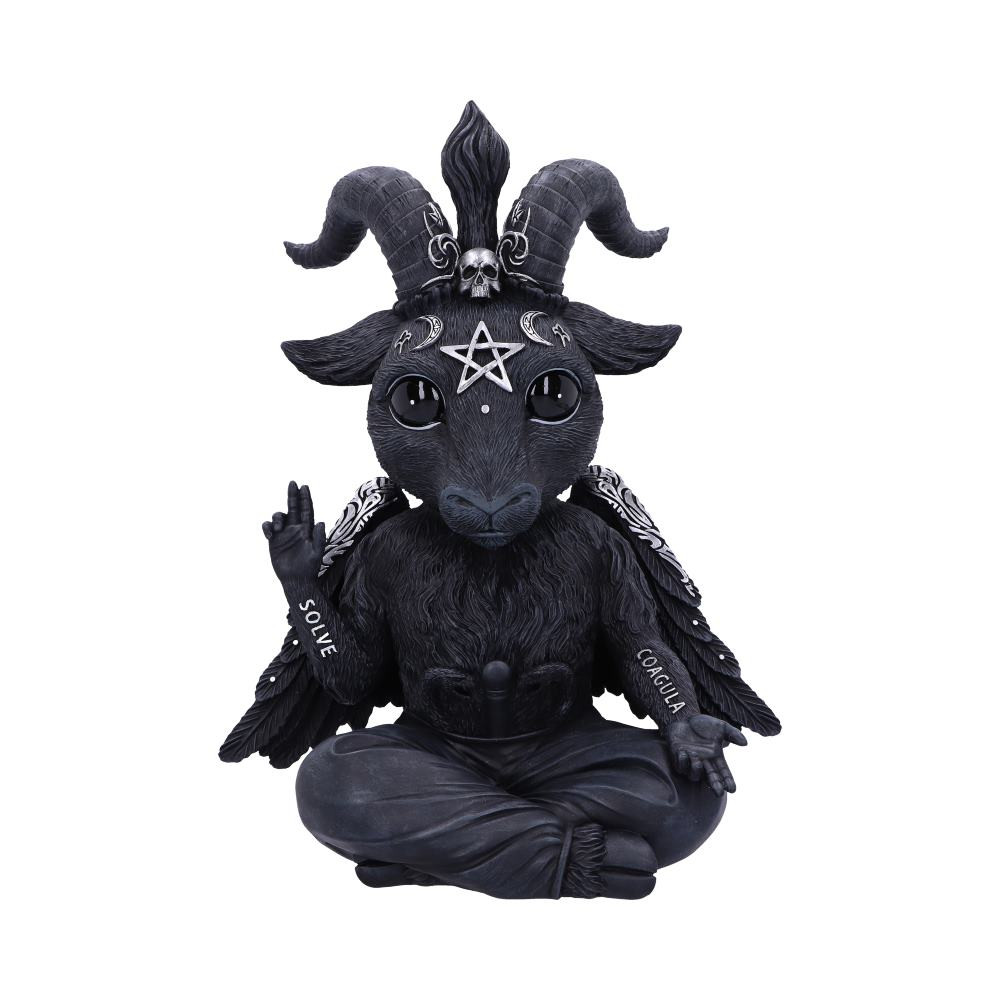Sitting cross-legged, this Baby Baphomet sits, symbolizing the sum total of the universe. Legs ending in cloven hooves, the staff of Asclepius rises from their crotch. Their right arm is raised in a magical blessing with the word SOLVE (Separate) written on their forearm, while its left arm is stretched downwards and outwards invitingly, forearm bearing the word COACULA (Join Together). Their triple-horned goat head stares directly forwards as their wings stretch out behind them. Cast in high-quality resin and carefully hand-painted this figurine is likely to be the cutest occultist you've ever seen.