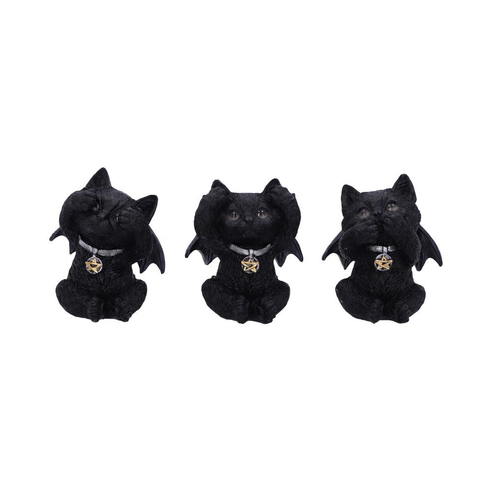 Sitting side by side these three wise kitties look up with their adorable eyes, with small bat wings attached to their back and two small vampiric fangs. One clasps their paws to their mouth, one blocks their ears, and one covers their eyes, sneaking a peak regardless. Cast in the finest resin before being expertly hand-painted, these adorable vampire cat figurines make the perfect addition to any alternative home or quirky collection.