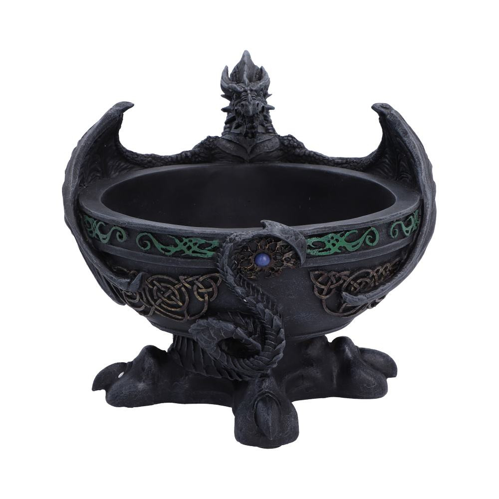 The Darkhoard Trinket Holder is an original Nemesis Now design that beautifully combines gothic artistry with practical storage. Featuring a dark dragon whose wings wrap around the main dish, with its head peering over the rim and its legs subtly elevating the bowl, this striking piece is expertly cast in high-quality resin and hand-painted in rich dark tones. Carefully packaged to help protect its intricate detailing during transit, it makes a perfect gift for dragon lovers, gothic decor enthusiasts, fantasy collectors, and anyone looking to add a touch of mythical charm to their home. Store your treasured keepsakes in legendary style with this beautifully crafted dragon trinket holder.