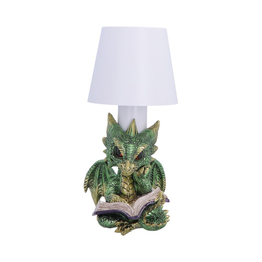 The Bookwyrm Lamp is a charming decorative lamp featuring an adorable green dragon sitting and reading a book as the base. Standing at 24.4cm tall, it is cast in high-quality resin and carefully hand-painted, showcasing shiny green scales with subtle gold accents that make it stand out beautifully on shelves, desks or bedside tables. The lamp includes a convenient touch pad on the top for easy activation. Simply tap to turn it on and tap again to cycle through different lighting types, allowing you to create the perfect ambience. It is also rechargeable via a USB cable that plugs into the base for convenient use. Packaged securely to protect the detailed figure and lamp components.