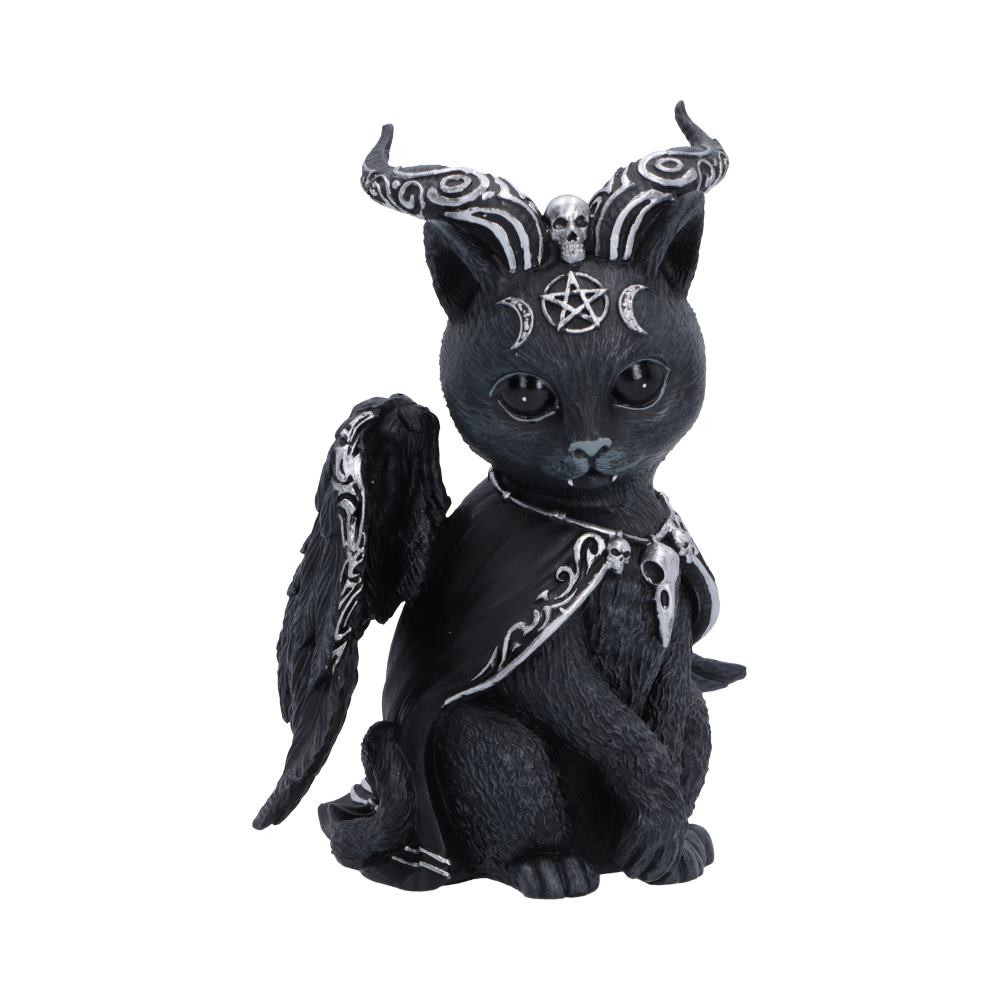 Halpurr is a 11.7cm figurine from Nemesis Now’s Cult Cuties range, designed as a charming yet devilish black cat collectible. It features twisted horns, tiny black wings, and a flowing cape, with intricate silver detailing throughout, including an occult symbol on her forehead and a skull nestled between her horns for a striking finish. Packaged in an originally designed Cult Cuties display box, making it ideal for gifting or display. Perfect for fans of gothic decor, alternative collectibles, cat lovers, and Cult Cuties enthusiasts, Halpurr is a must-have piece that adds a playful touch of dark magic to any collection.