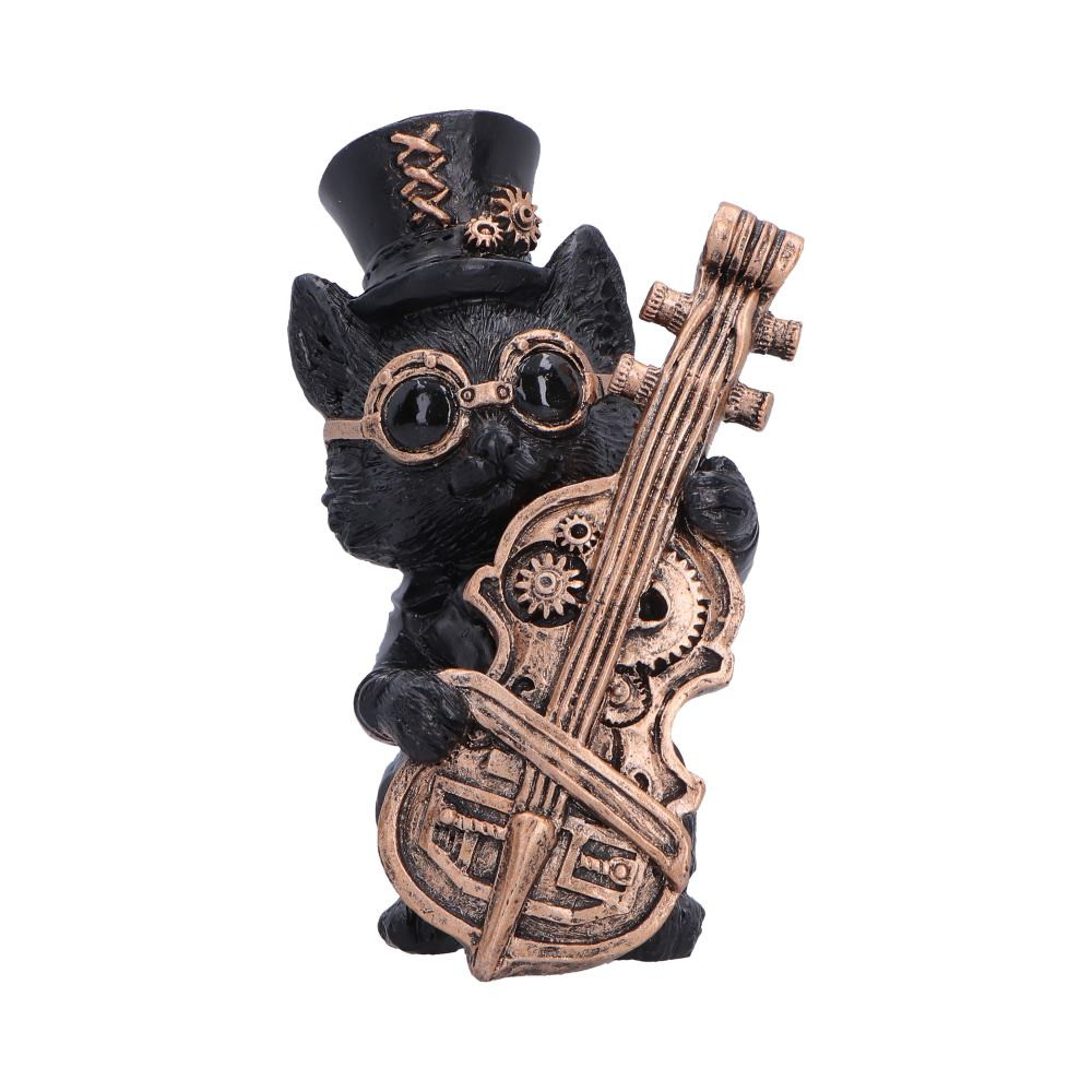 Music Meowstro is a charming 10cm tall black cat figurine from Nemesis Now, perfect for adding whimsical musical flair to any space. The figurine features a light steampunk aesthetic, including a black top hat with gold stitching and gears, gold goggles, and a large gold cello mid-performance adorned with intricate cogs, all hand-painted in high-quality resin. Each piece comes carefully boxed, ready to display or gift. Ideal for cat lovers, music enthusiasts, steampunk fans, and collectors of quirky decor, this playful figurine makes a delightful addition to any home. Bring Music Meowstro - Cello into your collection and enjoy a fun, eye-catching piece that sparks smiles and conversation.