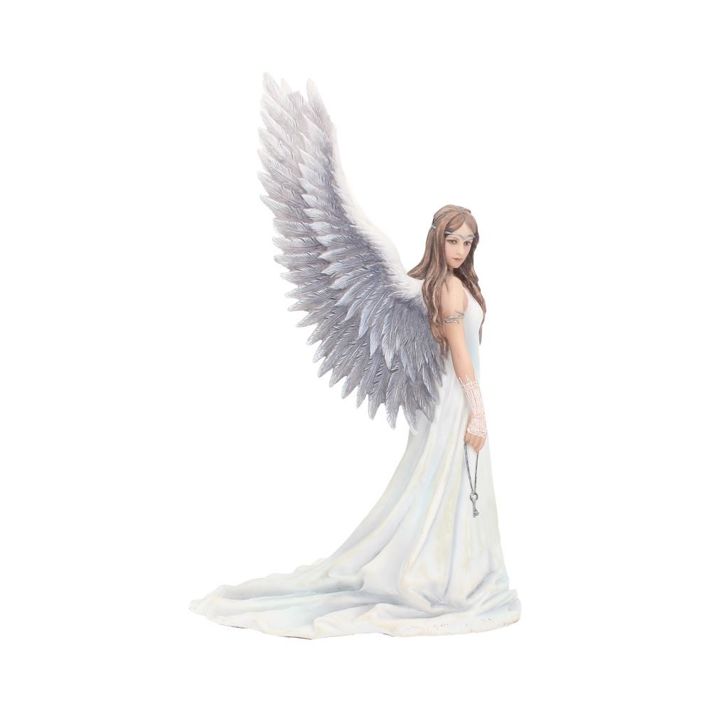 From Fantasy brand Nemesis Now's giftware collection, this enchanting angel figurine comes from the imagination of world-famous Gothic and Fantasy artist Anne Stokes. Standing tall, this chestnut-haired angel looks to her right, her long hair flowing over her shoulders past her metal diadem. Her right hand hangs down by her side, holding an iron key by a chain as her long white dress flows down and along the ground behind her. Long white wings stretch out, erupting from between her shoulders. Cast in the finest resin before being lovingly hand-painted, this enchanting angel figurine is a fantastic gift for any who feel they need some guidance in their life.