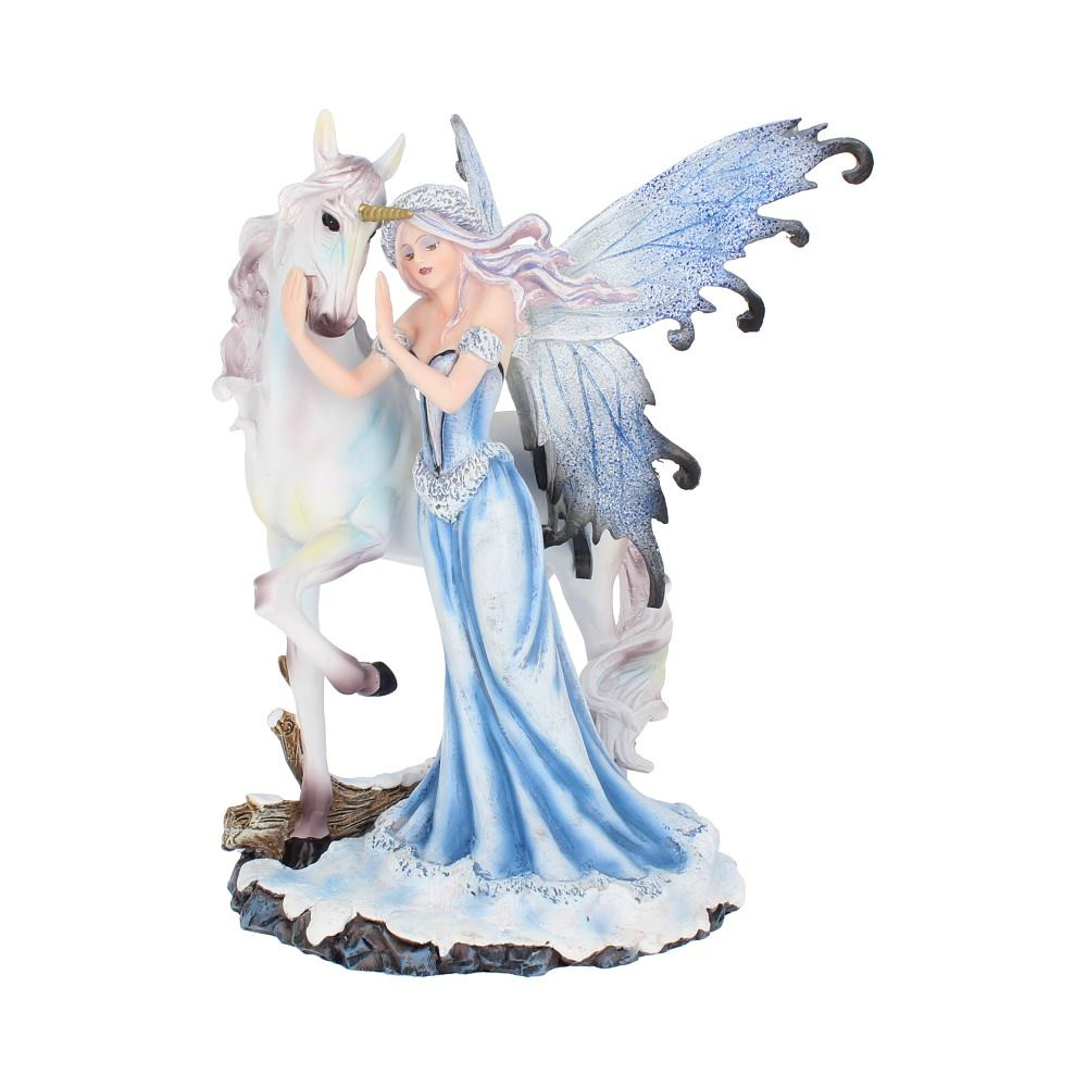 Cast in high-quality resin, this enchanting Fairy figurine from alternative brand Nemesis Now's giftware collection. Walking along a snowy forest floor, deftly stepping past a dead log, this pure white Unicorn turns its head skittishly, golden horn pointing forward as it raises a hoof. Holding its head to soothe it, a young Fairy calms it down, her long blue dress dusted with white snow as it flows to the ground. Her light brown hair blows in the wind from beneath her fur-lined hat as her blue wings stretch out behind her. Lovingly hand-painted, this magical statuette radiates an aura of calm that can transform any room.