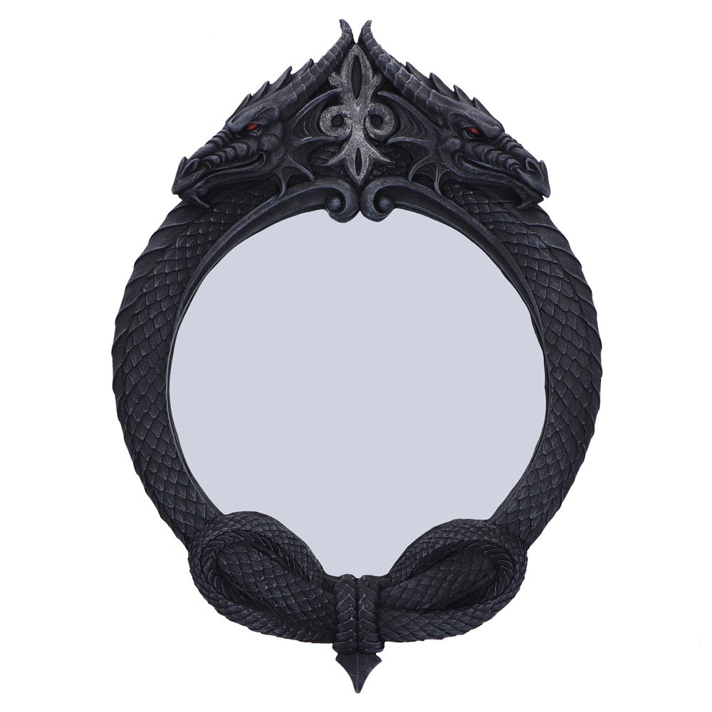 Unveil a touch of eldritch horror with The Reflector, our striking gothic dragon mirror that transforms any space into a realm of dark fantasy. This masterful piece features a central mirror encircled by two intricately sculpted dragons, their scaled bodies entwining as their fierce heads face outward, adding a sinister elegance to your wall. The dragons' tails curl gracefully to form a complete, eye-catching frame. Perfect for lovers of horror and gothic décor, The Reflector comes encased in a protective polystyrene cover and packed securely in a brown box to ensure safe delivery. Add a hauntingly beautiful focal point to your collection with this must-have macabre ornament.