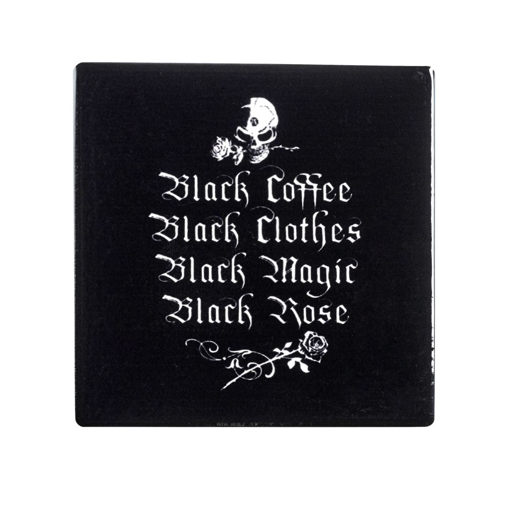 This beautiful coaster is illustrated with the perfect goth poem - Black coffee, black rose, black magic, black rose! This popular poem can also be found on an Alchemy mug ALMUG12. There are 17, unique Alchemy designed coasters, why not collect them all!