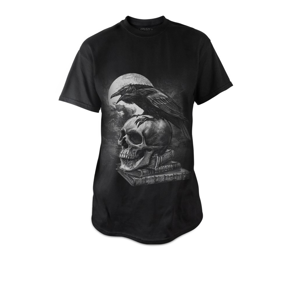 Edgar Allan Poe's seminal creation alights upon the skull of his poetic father. The master of the macabre who's short life echoes the cry of the raven 'Nevermore'