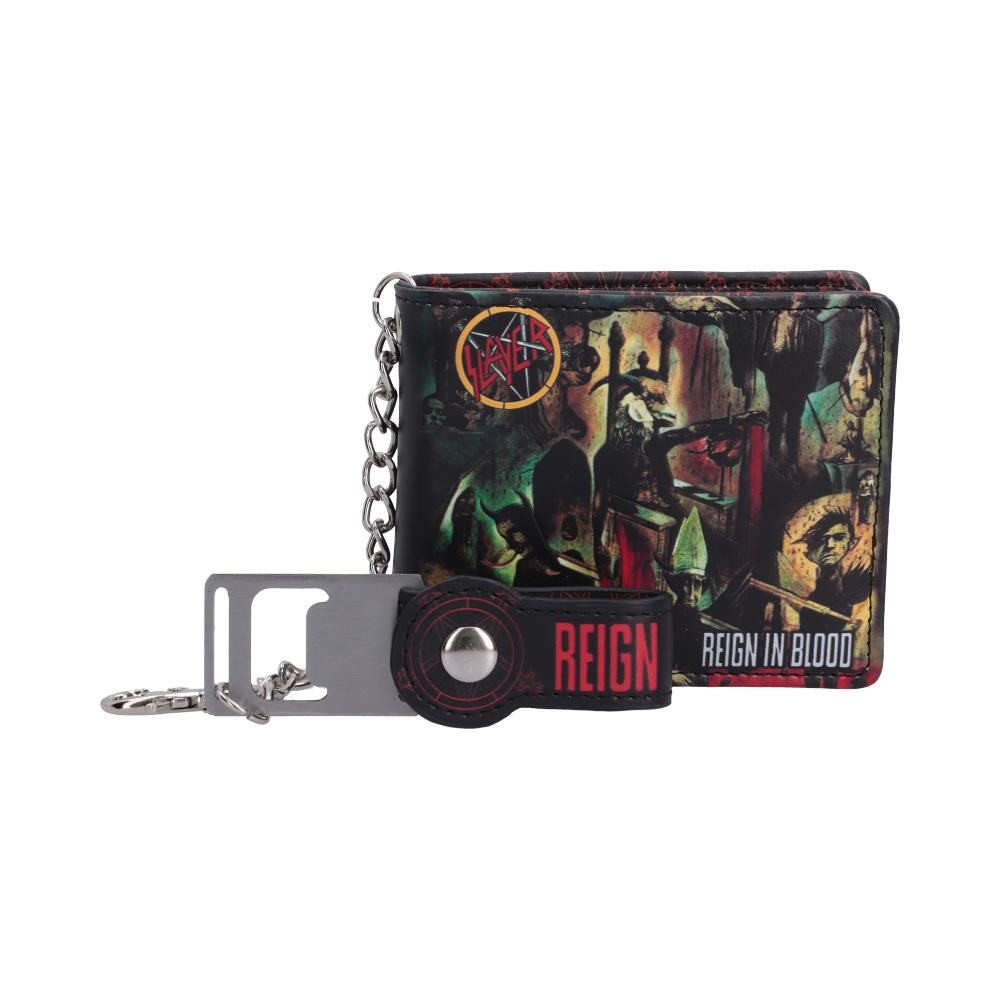 Officially licensed Slayer Reign in Blood wallet from Nemesis Now, combining everyday practicality with iconic heavy metal design inspired by the band’s third studio album. Featuring bold Reign in Blood artwork on the front, the classic Slayer logo on the back, multiple card slots for convenience, and a stylish chain attachment with a built-in bottle opener that enhances its alternative aesthetic while providing useful function. Packaged securely within a proactive polybag to help maintain its condition during storage and transit. Perfect for dedicated Slayer fans, heavy metal enthusiasts, and alternative fashion lovers, this wallet lets you carry your passion for thrash metal with you every day.