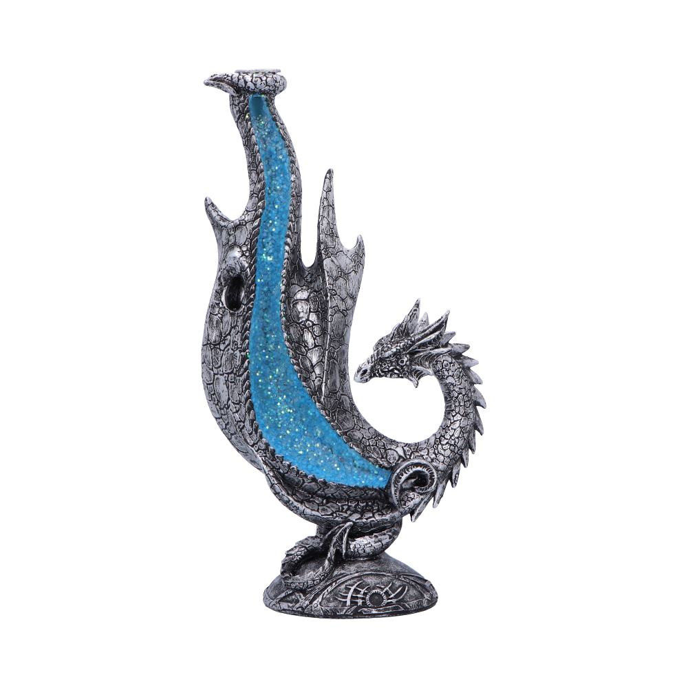 The Dragon Smoke Fountain Decoration features detailed craftsmanship with a functional design. This decorative figurine showcases a mythical creature with textured scales in silver tones and a distinctive blue channel for smoke effects. When used with special incense, it creates a flowing waterfall effect. Made from quality materials, this collectible maintains its appearance over time and serves dual purposes as both art object and incense holder. The stable base ensures proper functionality while the distinctive design attracts attention in retail displays. This dragon decoration appeals to collectors of fantasy items and those interested in aromatherapy products. The unique function sets it apart from standard figurines, providing retailers with opportunities for companion product sales. The combination of visual appeal and practical use creates excellent perceived value for customers.