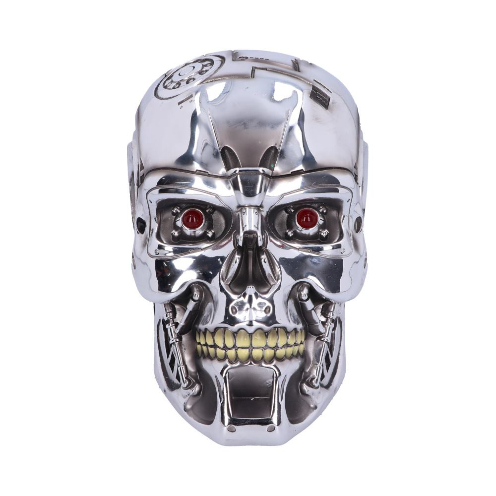 This T-800 Terminator head has shed all human flesh, exposed hydraulics overlaid on a metallic skeletal structure that mocks humanity. Light-up, blinking, red eyes look ahead. Cast in the finest resin before being carefully hand-painted.